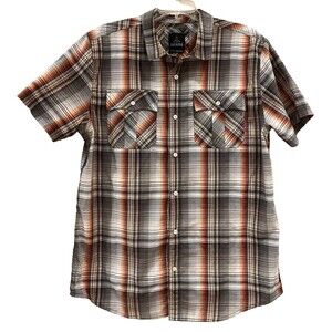 prAna Men’s XL Ostend Shirt Gray Orange Short Sleeve Organic Cotton Blend Plaid